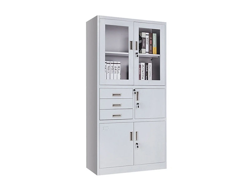 Archivador de acero con puerta de vidrio, 3 cajones y 1 caj&oacute;n. Almacenamiento con cerradura