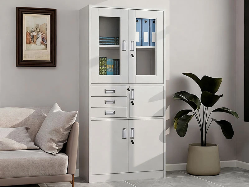 Archivador de acero con puerta de vidrio, 3 cajones y 1 caj&oacute;n. Almacenamiento con cerradura