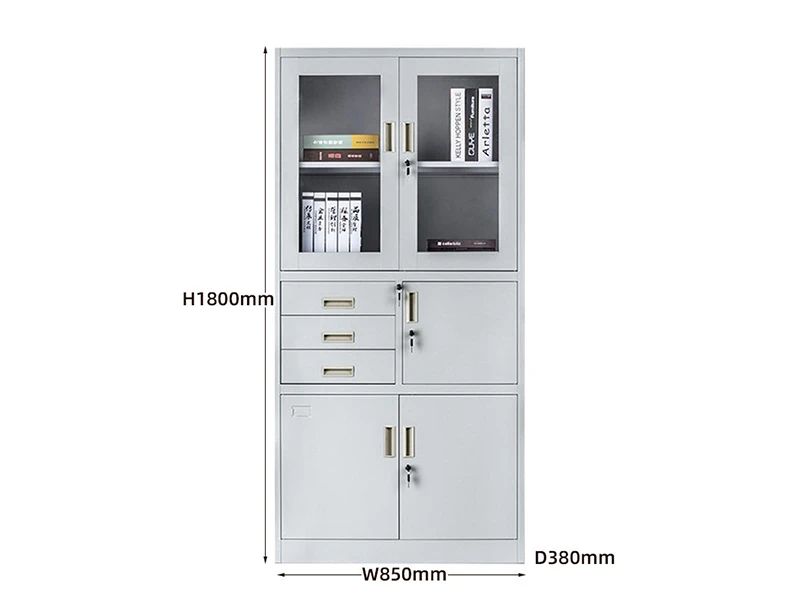 Archivador de acero con puerta de vidrio, 3 cajones y 1 caj&oacute;n. Almacenamiento con cerradura