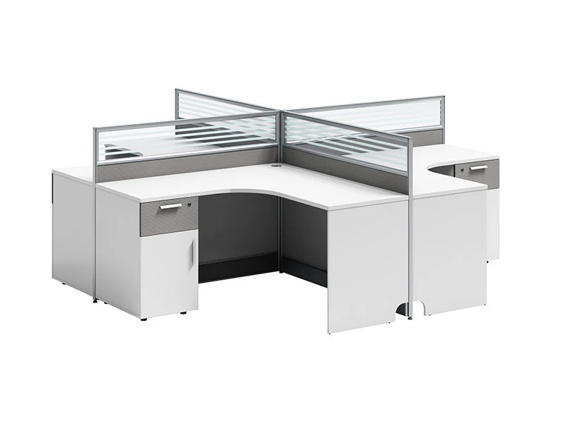 Cub&iacute;culo modular en forma de L con pedestal de almacenamiento integrado y; Particiones
