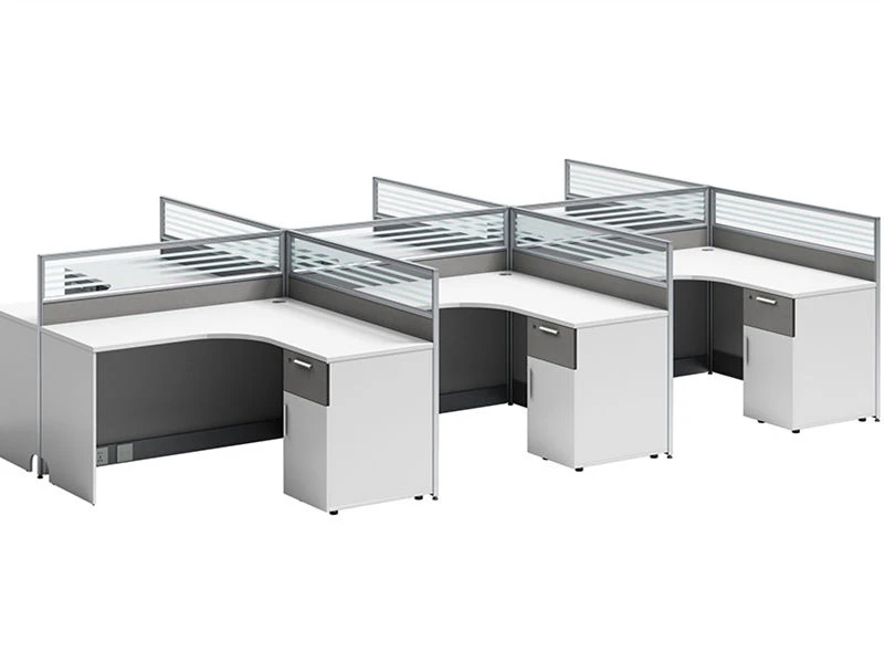 Cub&iacute;culo modular en forma de L con pedestal de almacenamiento integrado y; Particiones