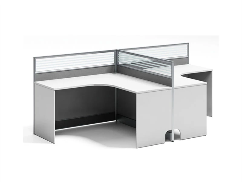 Cub&iacute;culo modular en forma de L con pedestal de almacenamiento integrado y; Particiones