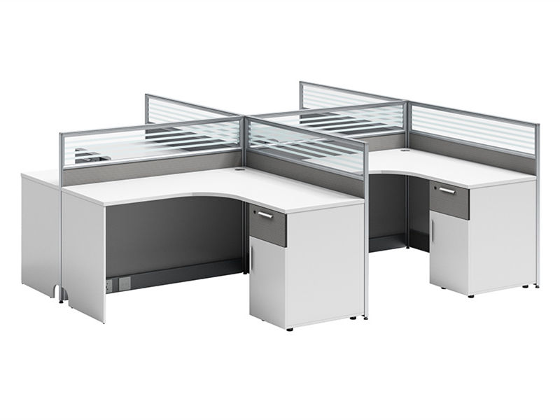 Cubículo modular en forma de L con pedestal de almacenamiento integrado y; Particiones