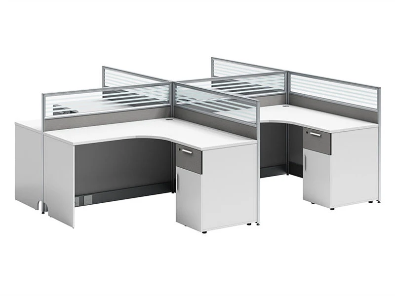 Cub&iacute;culo modular en forma de L con pedestal de almacenamiento integrado y; Particiones