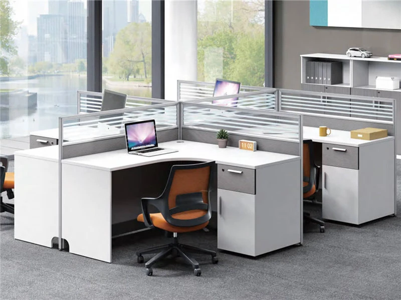 Cub&iacute;culo modular en forma de L con pedestal de almacenamiento integrado y; Particiones