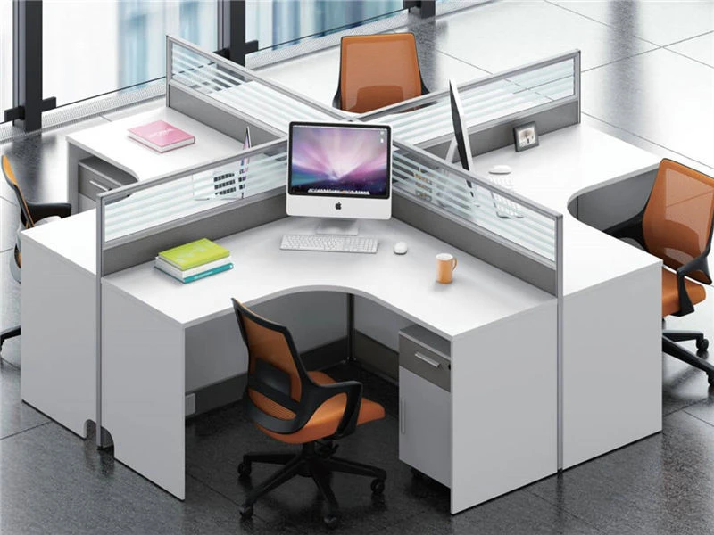 Cub&iacute;culo modular en forma de L con pedestal de almacenamiento integrado y; Particiones