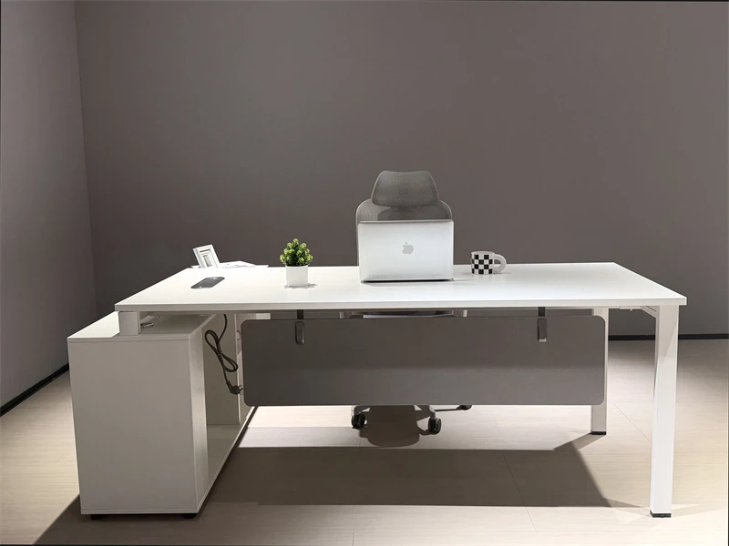 Escritorio ejecutivo blanco moderno en forma de L con almacenamiento