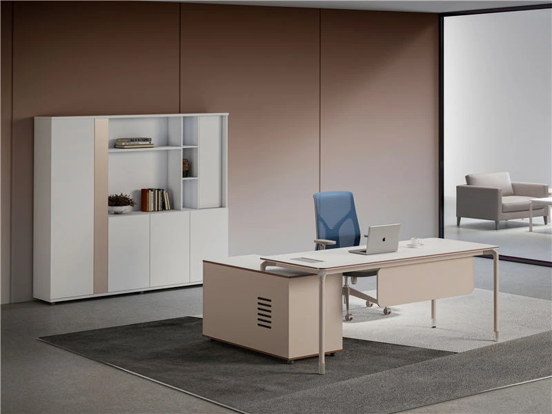Escritorio ejecutivo minimalista para computadora con caj&oacute;n y mesa. Gabinete lateral