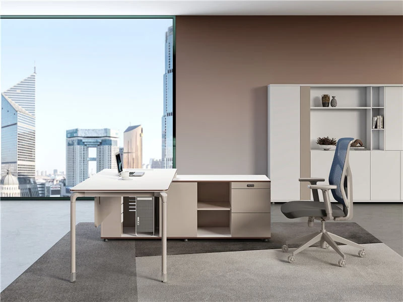 Escritorio ejecutivo minimalista para computadora con caj&oacute;n y mesa. Gabinete lateral