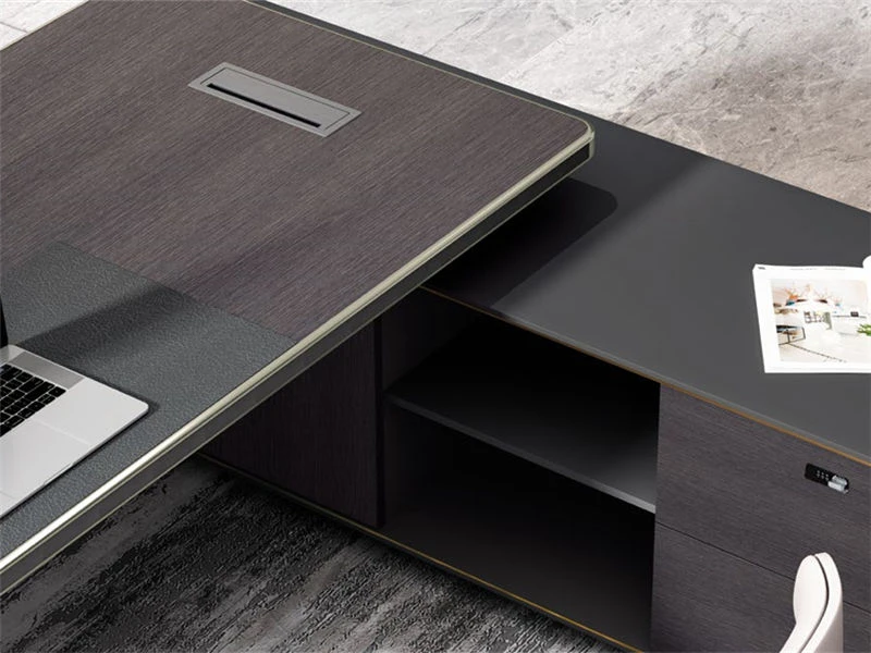 Escritorio CEO de madera de nogal oscuro | Escritorio ejecutivo grande en forma de L