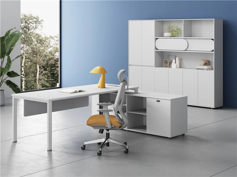 Escritorio ejecutivo blanco moderno en forma de L con almacenamiento