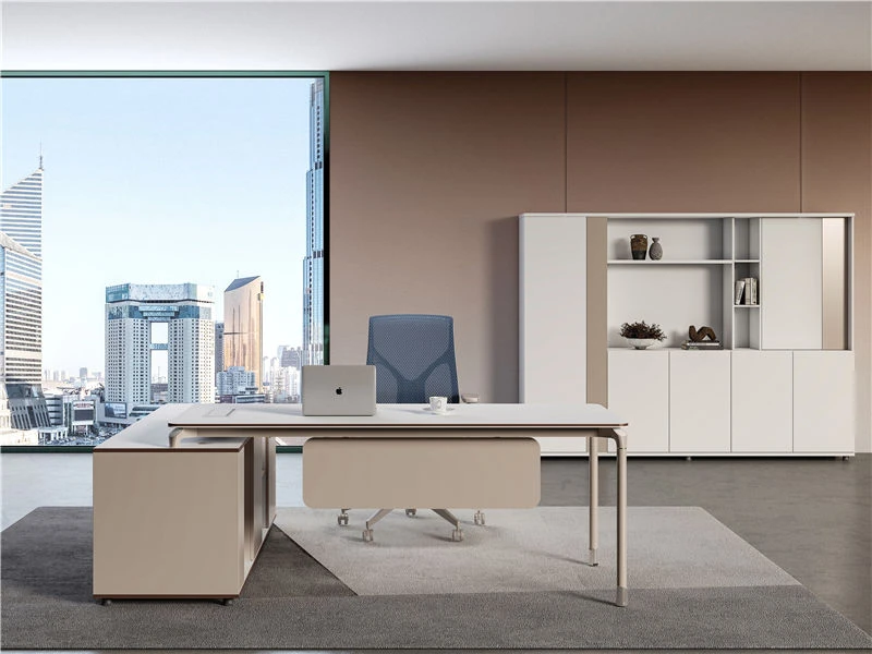 Escritorio ejecutivo minimalista para computadora con caj&oacute;n y mesa. Gabinete lateral