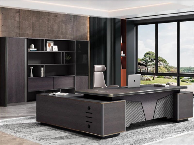 Escritorio CEO de madera de nogal oscuro | Escritorio ejecutivo grande en forma de L